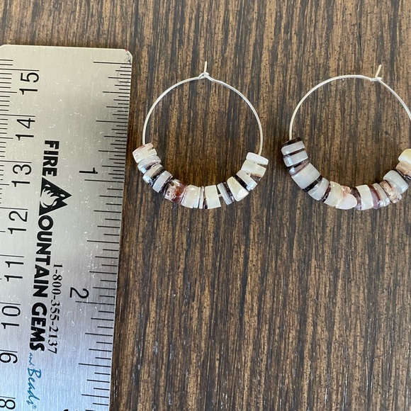 HAND CRAFTED EARRINGS Silver Plated Wire Hoops Amber Shell Rondelles - Picture 4 of 14